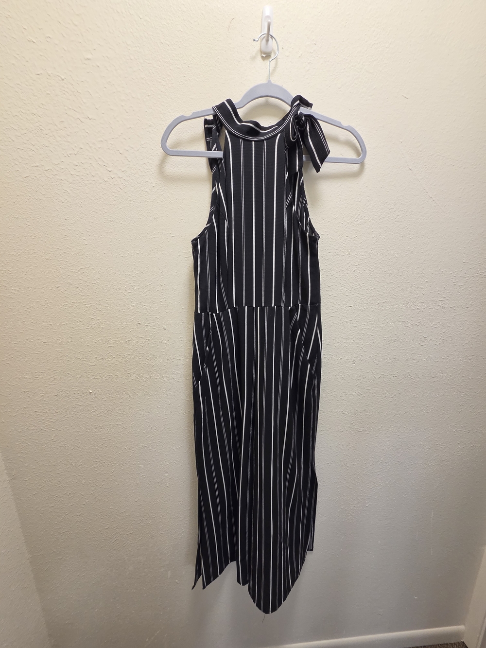 Striped Black & White Halter Jumpsuit with Tie Neck